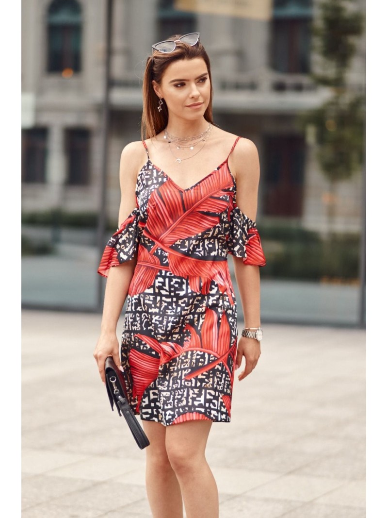 Strap dress with sleeves with red leaves, black PR3215 - Online store - Boutique